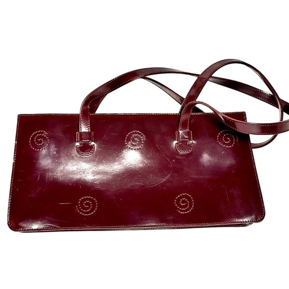 Vintage Handbags - FURLA ITALIAN PATIENT leather shoulder bag maroon embroidered swirls vintage